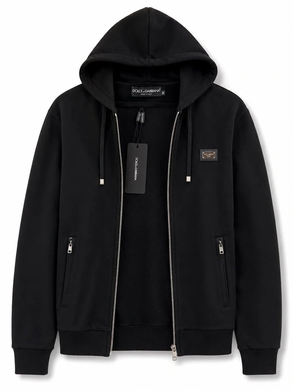 Dolce & Gabbana black zip-up hoodie with the metal logo plaque